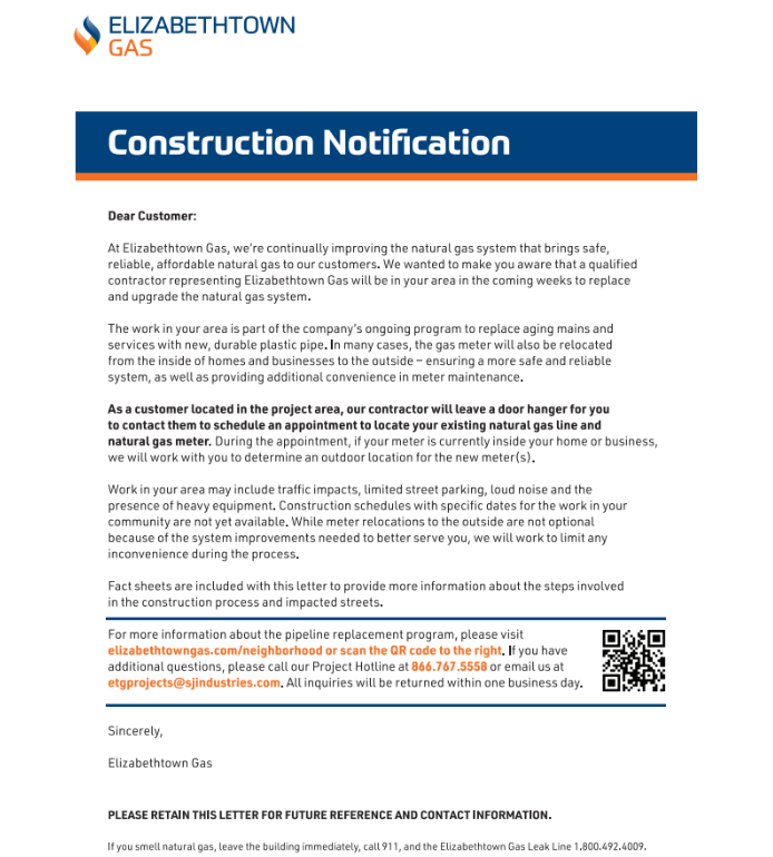 Elizabethtown Gas Construction Notice